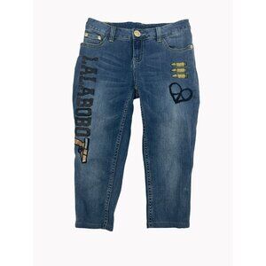 Lalabobo Womens size 2 Denim Capri With Embroidered Graphics & Patches